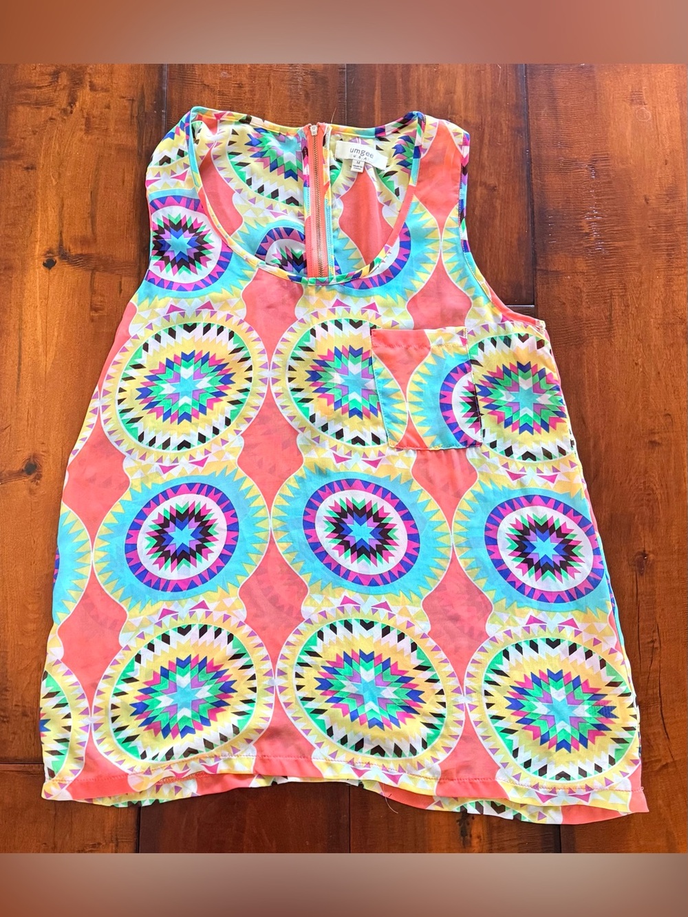 Umgee Coral Tank Top with Multicolor Geometric Medallions